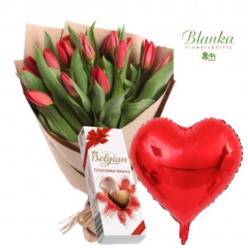Set Bouquet of red tulips Baloon and chocolate